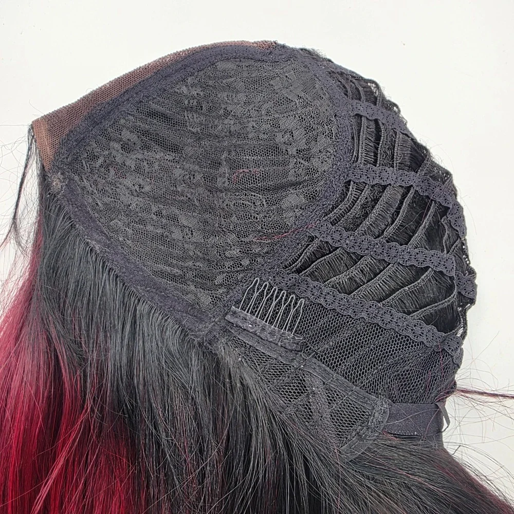 Short Burgundy Red Ombre Bob Wig Lace Front Black Roots Straight Synthetic Hair